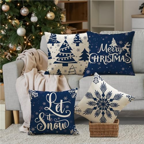 KISVODS Blue Christmas Pillow Covers 18x18, Set of 4 Winter Throw Cushions