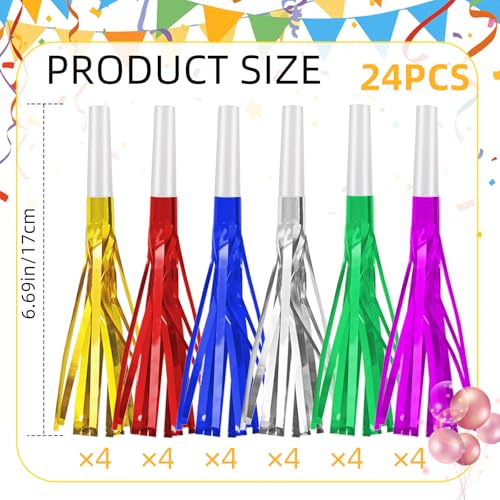 24 Pack Metallic Fringe Party Blowers - Colorful Noise Makers for Kids