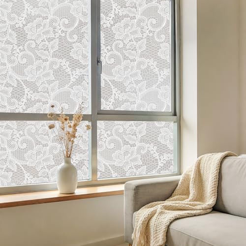 NINETREX Frosted White Lace Window Privacy Film, 17.5" x 78.7" Static Cling