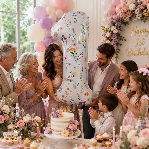 40-Inch Floral Number 1 Balloon for Baby Girl's 1st Birthday