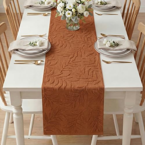 Caramel Soft 3D Jacquard Leaves Cotton Table Runner 13x72 Inch - Spring Holiday Home Decor