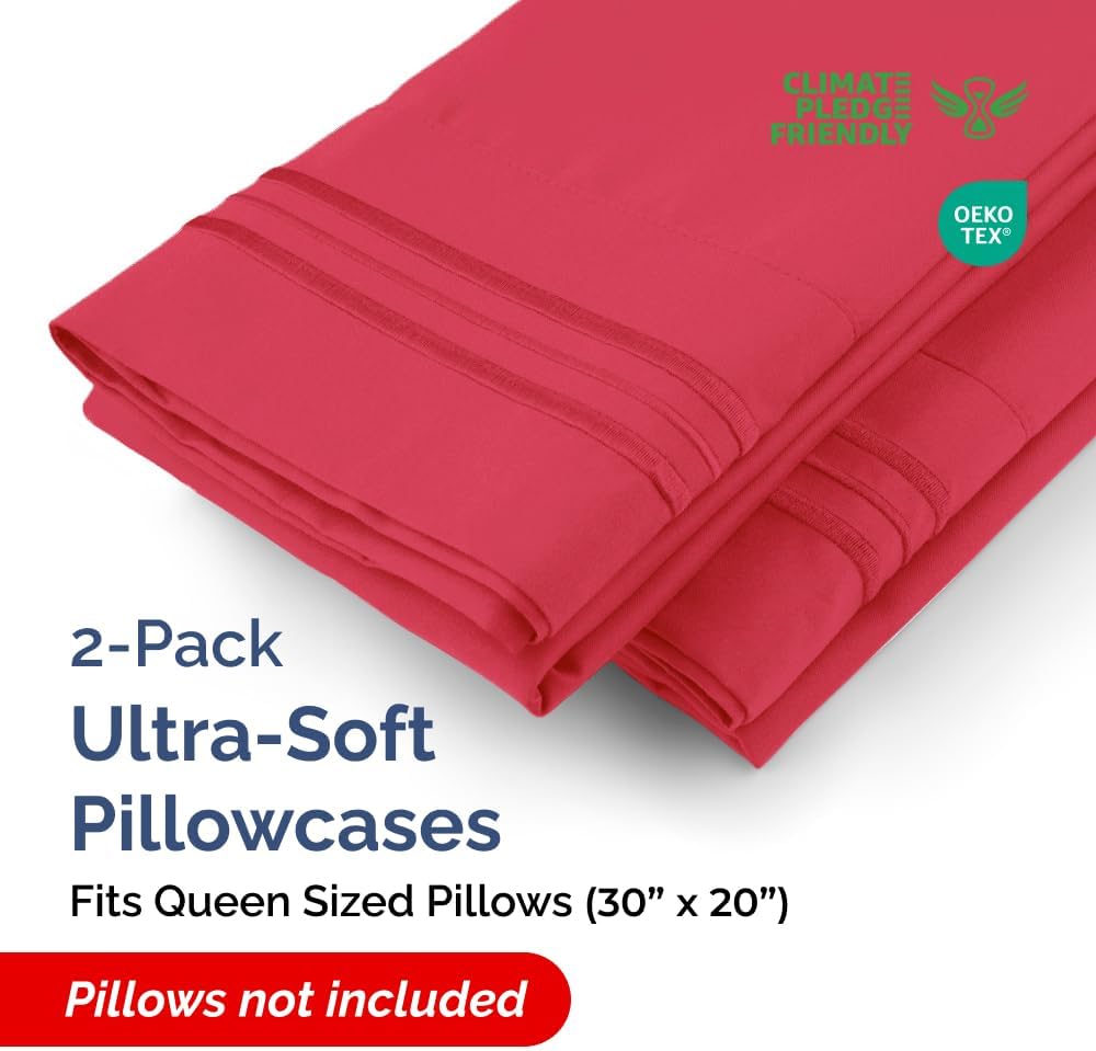 Skiennix Queen Pillow Cases Set of 2 - Ultra Soft Hotel Quality Covers - Wrinkle Free & Fade Resistant - Red