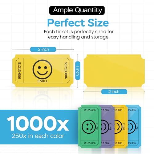 Smile Raffle Tickets - Multicolor Pack of 1000 - Blue, Yellow, Purple, Green