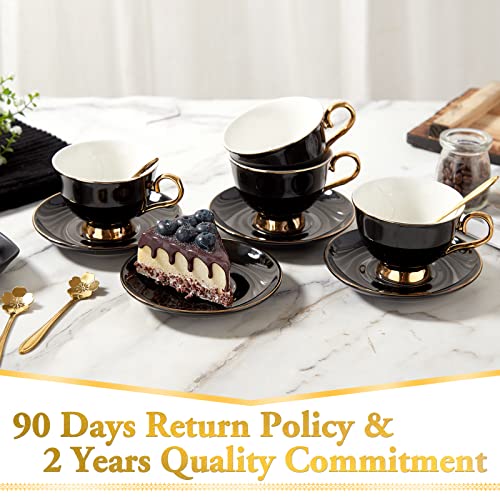 Black Luxury Tea Cups and Saucers Set of 4 with Gold Trim and Metal Stand - DUJUST