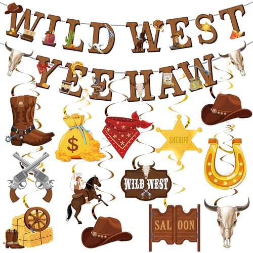Western Cowboy Party Decorations Set - Multicolor Wild West Banners & Swirls