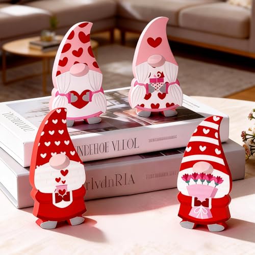 Cute Wooden Gnome Table Decoration - 4 Pcs Red & Pink Set
