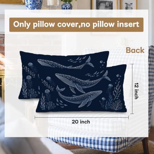 Coastal Whale Shark Lumbar Pillow Cover 12x20 - Navy Blue Beach Decor (Coastal-14)