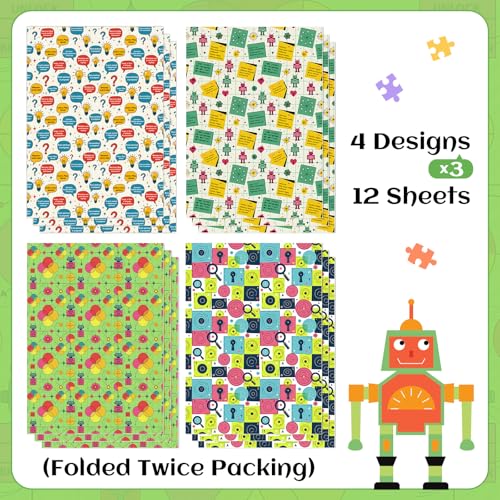 Pineraap Robot-Themed Wrapping Paper Set - 12 Sheets, 20"x28"