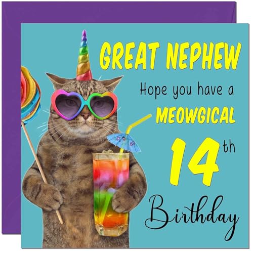 Funny Great Nephew Birthday Card - Meowgical Cat Design