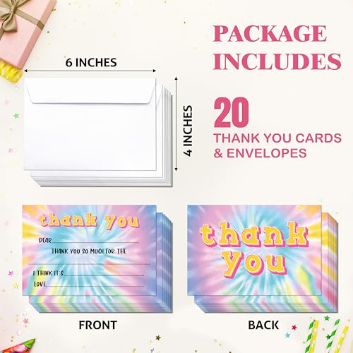 Tie Dye Kids Thank You Cards 20-Pack with Envelopes