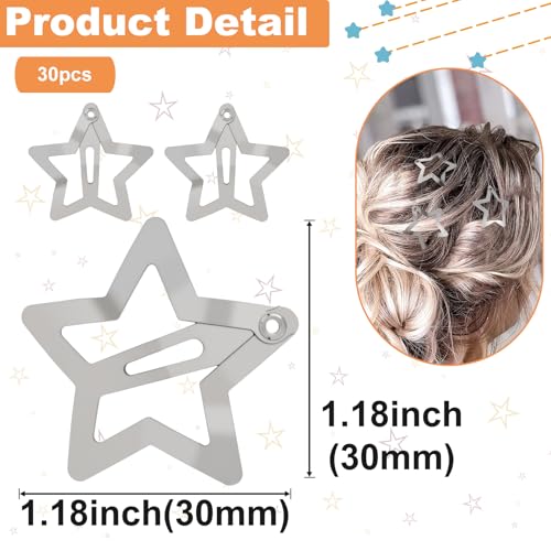 Isslly Silver Star Hair Clips 30 Pcs - Metal Snap Barrettes for Women