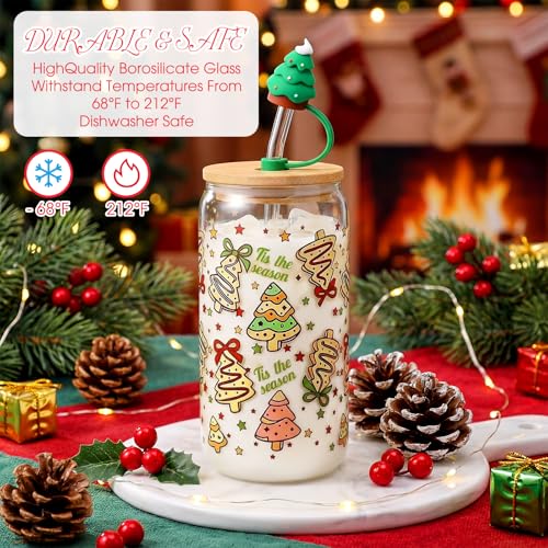Christmas Glass Cup with Lid & Straw - 16oz Novelty Xmas Drinkware with Sleeve & Gift Box