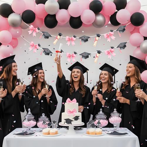2026 Graduation Banner Set - Pink Bow & Black Cap Garland