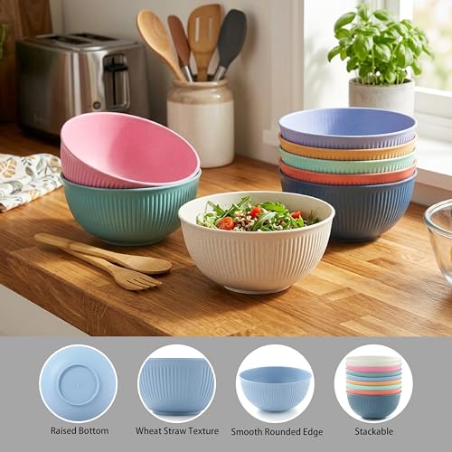 JINLIFA 8-Piece Wheat Straw Cereal Bowls - 24 oz Unbreakable Kitchen Bowls