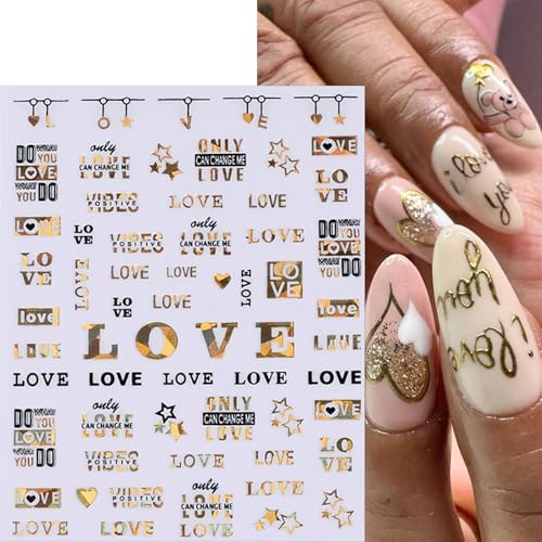 Valentine Heart Nail Art Stickers - 6 Sheets Black Gold 3D Decals