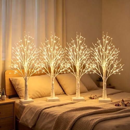 Artificial Birch Tree Lamp Set - 4 Pack Warm White LED Tree Lights with Timer and DIY Branches