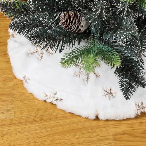 18-Inch Mini Christmas Tree Skirt White with Gold Sequin Snowflakes - Festive Holiday Decor