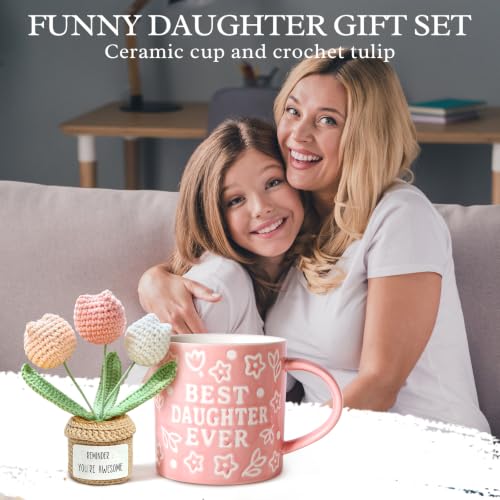 Best Daughter Embossed Ceramic Mug with Handmade Crochet Tulip Gift Set