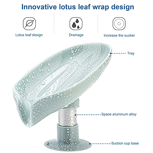 Leaf-Shape Self-Draining Soap Holder, 2-Pack Suction Cup Dish (Grey + Green)