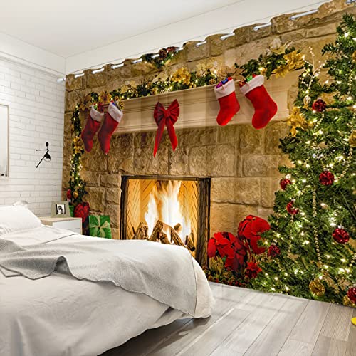 Christmas Fireplace Window Curtains 2 Panel Set - Xmas Trees Red Socks Gifts Merry Christmas Themed Window Drapes 42x96 Inches - Pack of 2