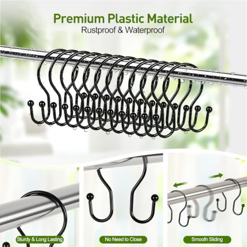 Resze Black 12PCS Heavy-Duty Metal Shower Curtain Hooks - Rust-Resistant & Smooth Gliding
