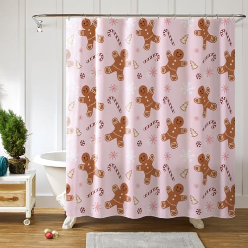 Pink Gingerbread Man Christmas Shower Curtain Set with Hooks