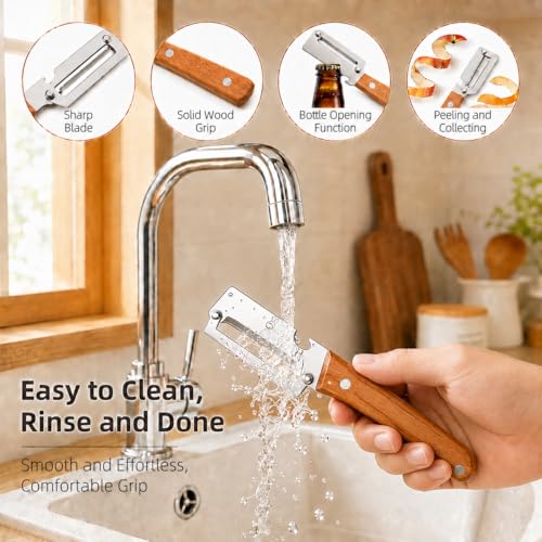 Vegetable Peeler with Wooden Handle and Built-In Bottle Opener