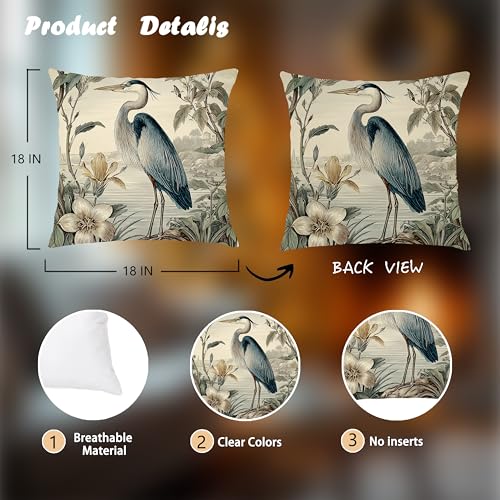 Vintage Blue Heron Pillow Cover 18x18 - Bird-03, Double-Sided Flannel