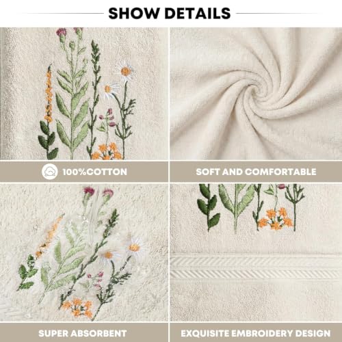 Artoid Mode 1 Pc Beige Wildflower Embroidered Cotton Hand Towel 13.7 x 29.5 Inches
