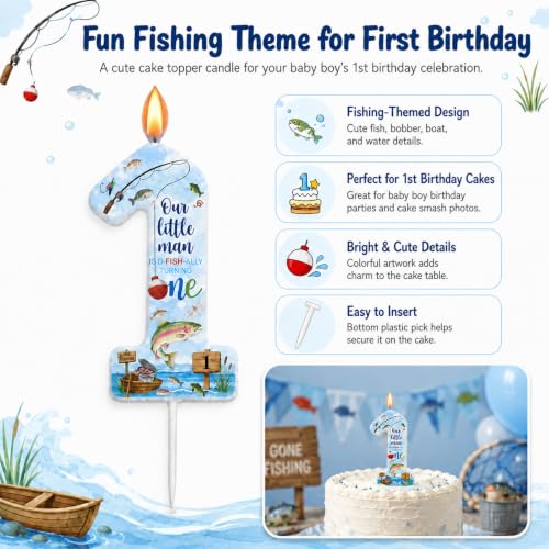 Ofishally Threelf First Birthday Number 1 Candle – Fishing Theme Cake Topper