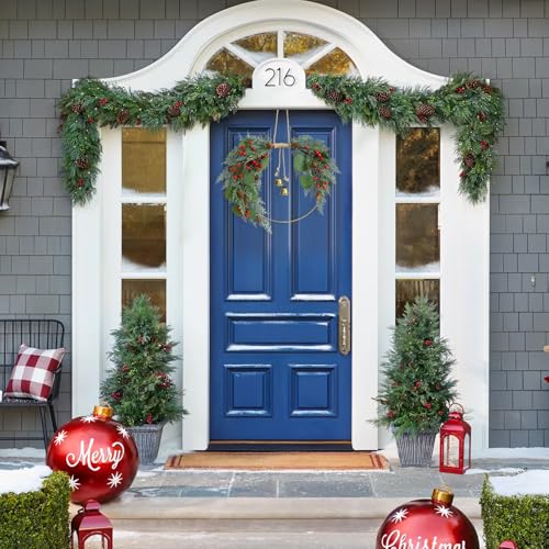 Christmas Wreath for Front Door Artificial Half Circle Wreath with Bell Pine Cones Red Berries Eucalyptus - Red