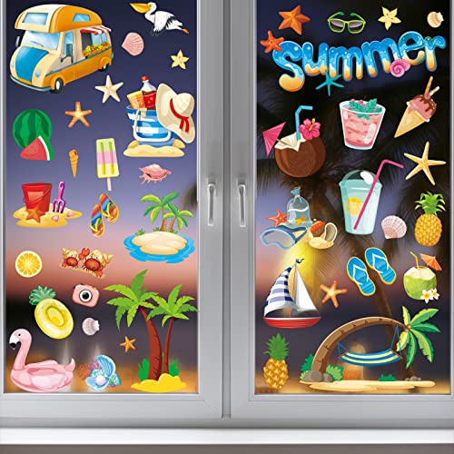 134 Pcs Summer Beach Window Clings - Colorful Static Film Decals