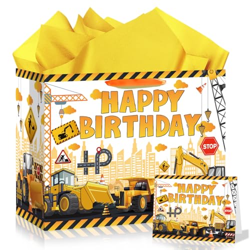 Large Yellow Dump Truck Birthday Gift Bag with Tissue Paper