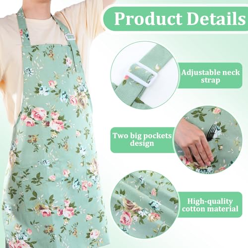 Adjustable Floral Cotton Apron with 2 Pockets for Women