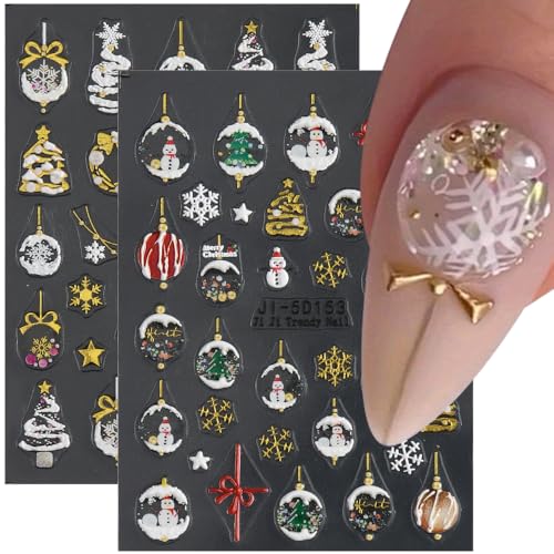 5D Embossed Christmas Nail Art Stickers Winter Crystal Ball Snowman Decals 2 Sheets