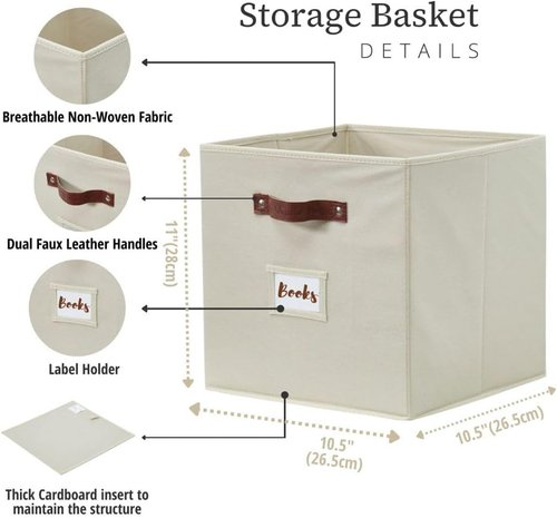 DECOMOMO Storage Bins - Fabric Cube Storage Bins with Labels for Shelves | 10.5" x 11" | Beige (2pcs)