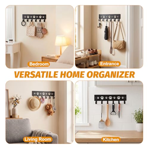 Dog Leash and Key Holder Wall Mount with 6 Hooks - Decorative Paw Print