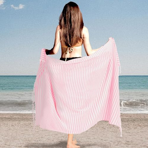 Tehoao Oversized Turkish Beach Towel - 39"x71" Quick Dry Cotton, Pink Stripe