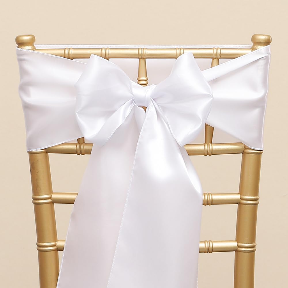 Regine Switzerland Satin White Chair Sashes - 7 X 108 Inch Bows for Weddings & Events | Pack of 50