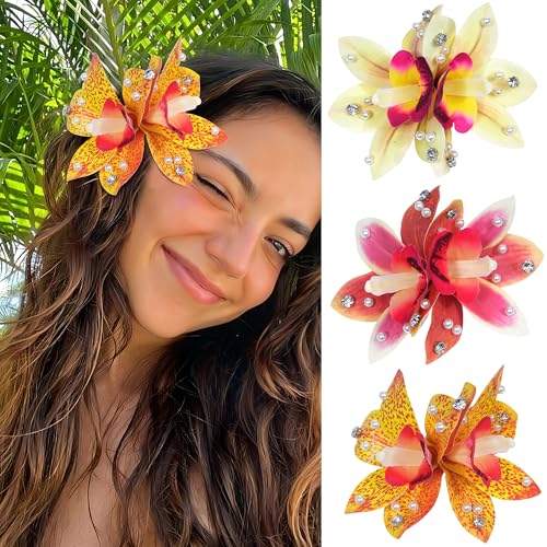 Mesovor 3-Pack Hawaiian Orchid Flower Hair Clips with Pearls for Beach & Wedding