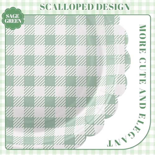 Sage Green Gingham Paper Plates, 30 Pack, 9 Inch, Scalloped