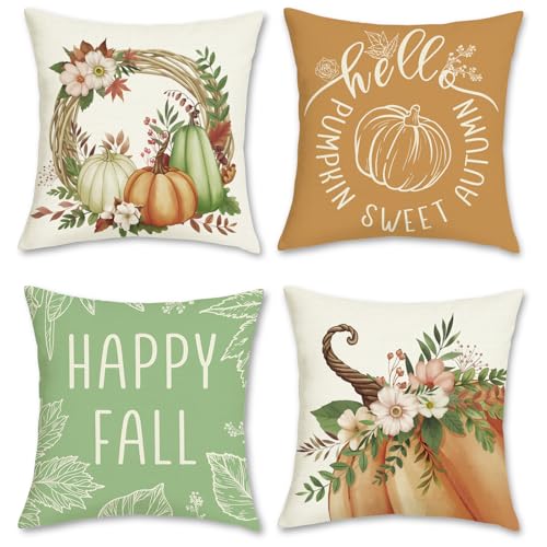 COZZSNUGE Fall Pumpkin Throw Pillow Covers, 18x18 Set of 4 (Pumpkin-3)