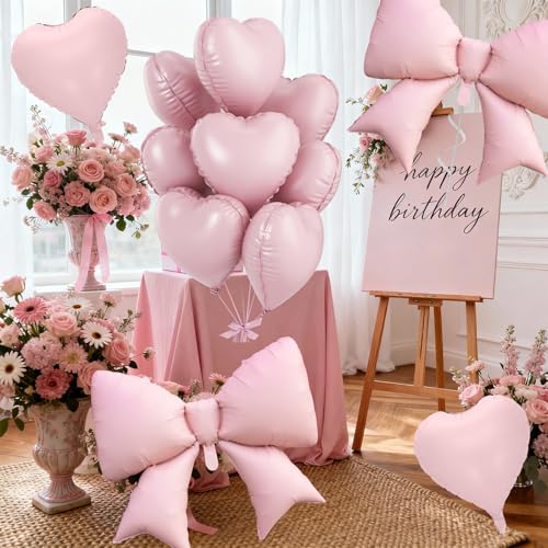 Pink Heart and Bow Balloons Set - 18 in for Baby Showers & Birthdays