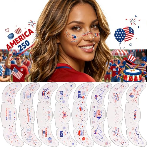 4th of July Temporary Face Tattoos - 10 Pack Patriotic USA Flag Stickers