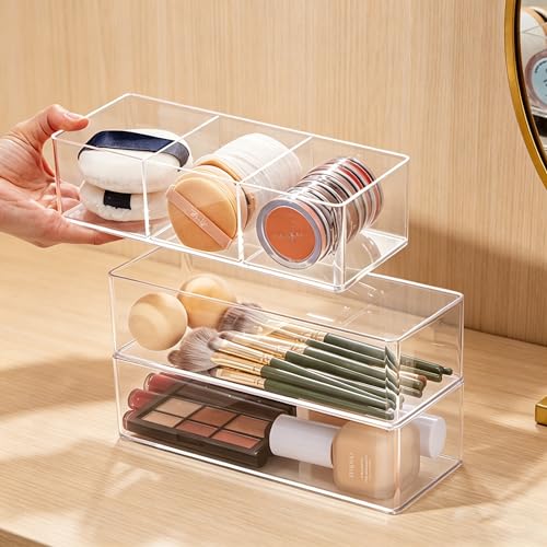DYMSUP 3-Compartment Clear Acrylic Makeup Organizer for Vanity Countertop