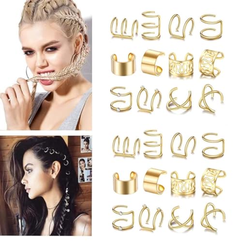 24 Pcs Gold Silver Hair Braids Dreadlock Cuffs and Non-Piercing Ear Clips