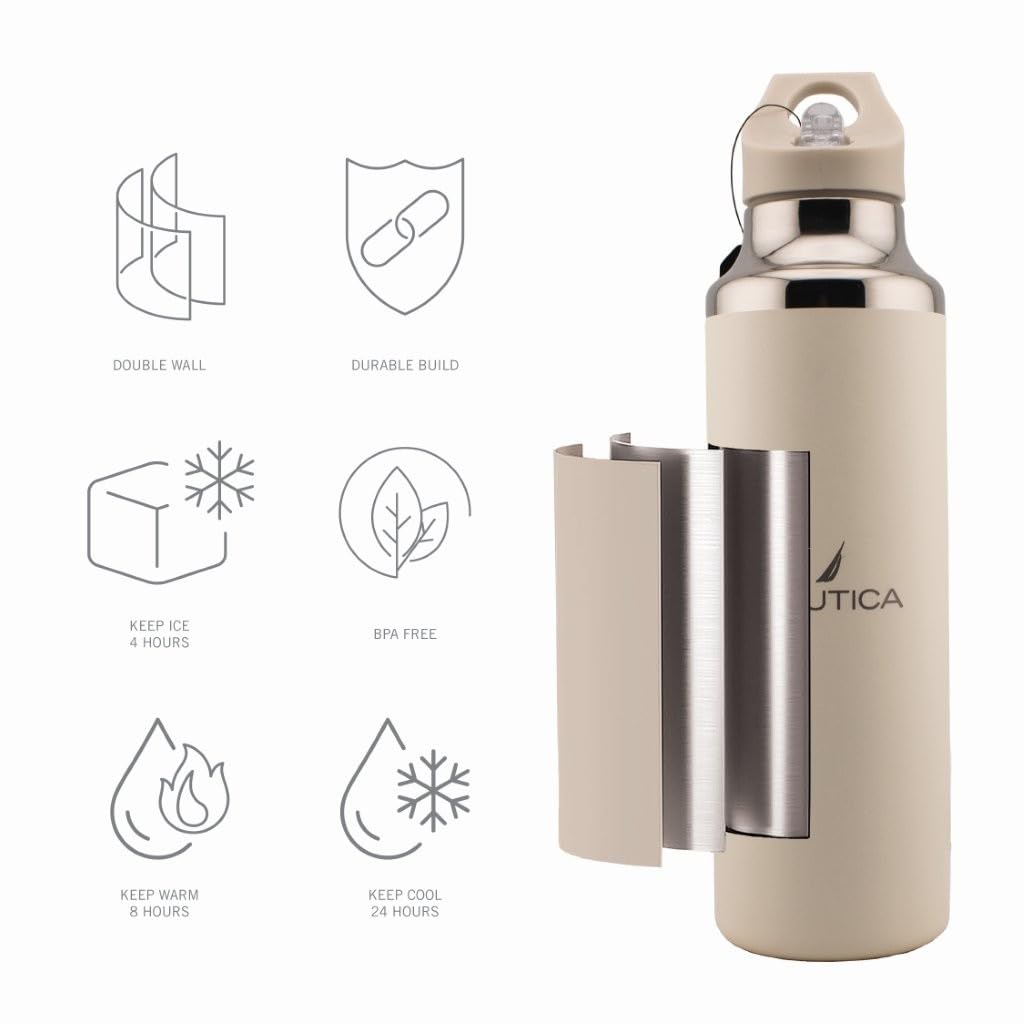 Nautica Insulated 21oz Sleek Stainless Steel Water Bottle with Flip Lid Straw, Leakproof, BPA-Free, Wide Mouth, Keeps Drinks Hot or Cold, Sports Bottle Ideal for Gym, Hiking and Travel (TAUPE)