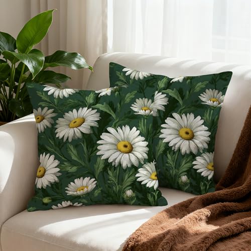 WitHero Dark Green Daisy Throw Pillow Covers, 18x18 Inch Floral Set of 2