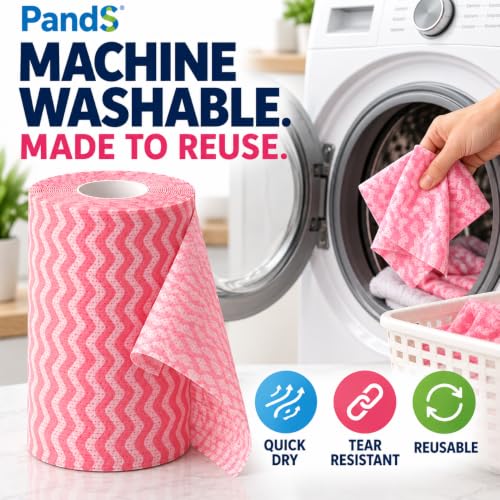 Pink Reusable Paper Towels Roll - Washable Kitchen Cleaning Wipes, 60 Sheets