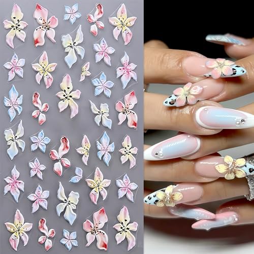 Quezadyl 3Pcs 5D Embossed Flower Nail Stickers Tropical Floral Decals